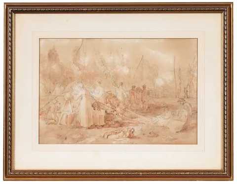 Joshua Cristall, Hop Picking, possibly a cartoon for the larger watercolor with variations, pencil and sepia ink wash on paper