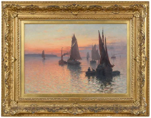 Louis Etienne Timmermans, Sailing vessels in harbor at sunset, oil on canvas