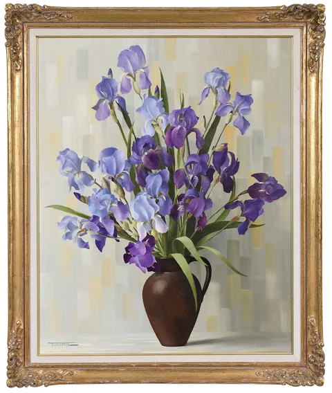 Purple Irises by Elizabeth Rouviere, oil on canvas, sold Sep 2026