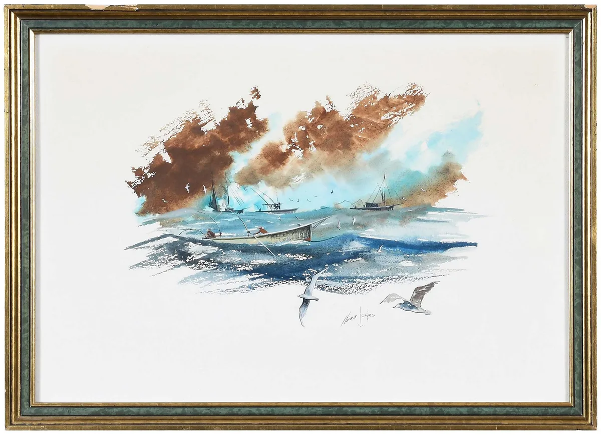 Herb Jones, Blue Fishermen, 1976, watercolor on paper