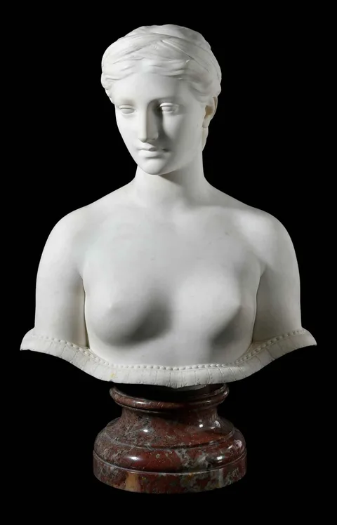 Hiram Powers, Proserpine, 3rd version with the classical bead and stylized repeating leaf border, circa 1849, white marble