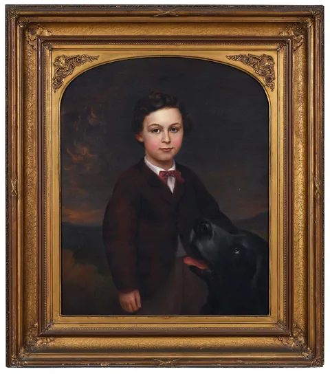 American School, Boy with his Dog, oil on canvas