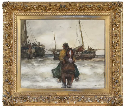Charles Gruppe, L'arriver des bateau, The Arrival of the Boats, watercolor and gouache on paper