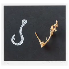 Ed Ruscha, Potato Print Fish Hook, Cannabis Twig Fish Hook, 2016, Acrylic potato print on digital photo print in colors on wove paper
