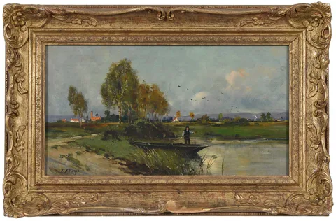 Barbizon School Riverscape, Man Rowing Down a Stream, oil on canvas