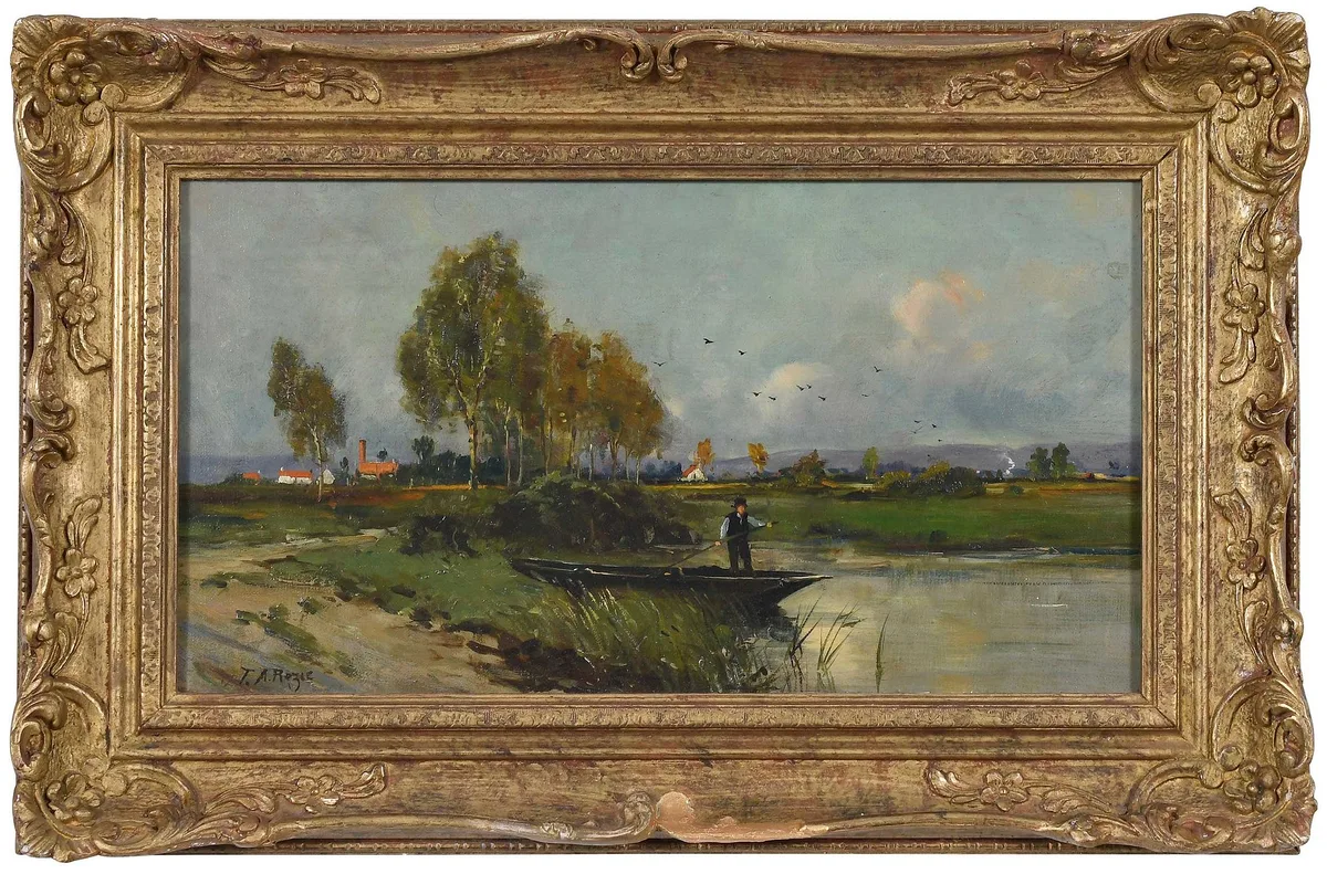 Barbizon School Riverscape, Man Rowing Down a Stream, oil on canvas