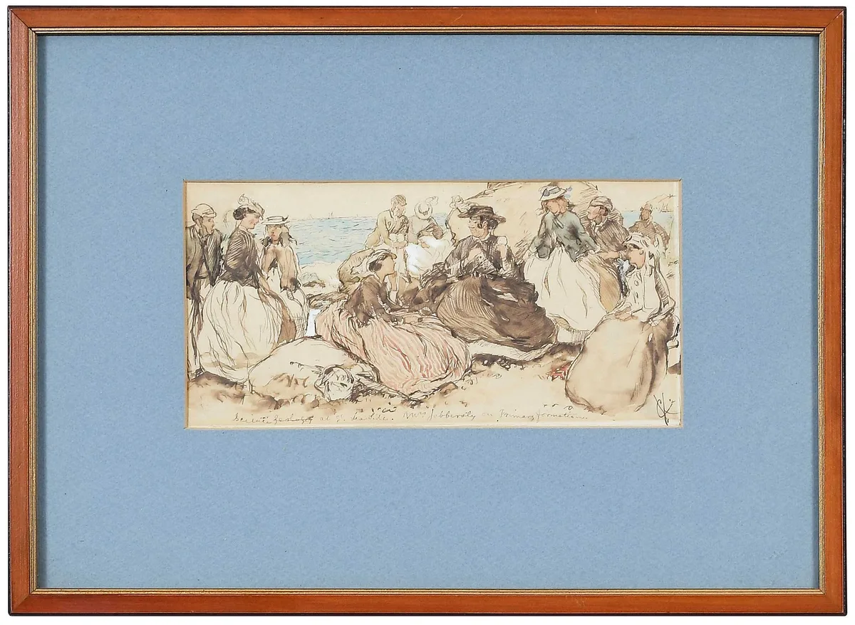 Charles Samuel Keene, Science by the Seaside, Mrs. Jabbersley on Primary Formation, ink and watercolor on paper