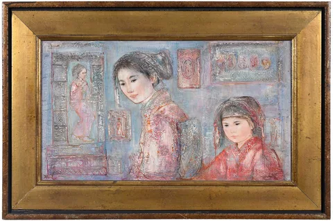 Edna Hibel, Asian Women and Child, oil on heavy paperboard