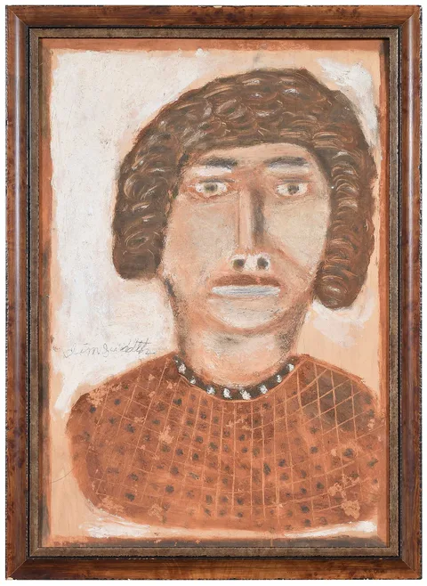 Jimmy Lee Sudduth, Lady with Brown Hair and Pearl Necklace, mud and paint on board