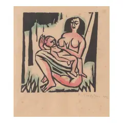 Max Pechstein, Mutter und Kind (Mother and Child) (Krüger H 140), 1912, Woodcut with hand-coloring on laid paper