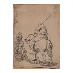Turbaned Soldier on Horseback (Bartsch, Hollstein 139, Hind 99, New Hollstein 43) by Rembrandt Harmensz van Rijn, c. 1629, Etching on laid paper with partial indecipherable watermark, New Hollstein's first state (of 2), a lifetime impression, sold Jul 2026