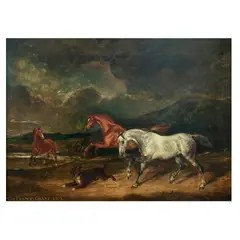 Sir Francis Grant Pra, Stallions and a dog in a river landscape, oil on canvas