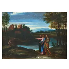 Roman School, Christ and his two disciples on the road to Emmaus, oil on canvas