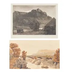 James Craig Annan, Stirling Castle, and a watercolour of a bridge over a Highland river, the mount inscribed "W. Turner, Oxford", 16 x 27cm (2)