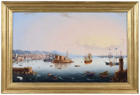 Luigi Renault, The Port of Livorno also known as Leghorn, the ship St. Cloud to the right, oil on canvas
