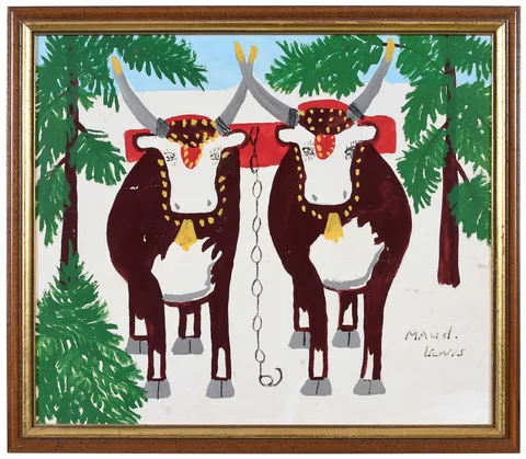 Maud Lewis, Two Oxen in Winter, 1967, mixed media