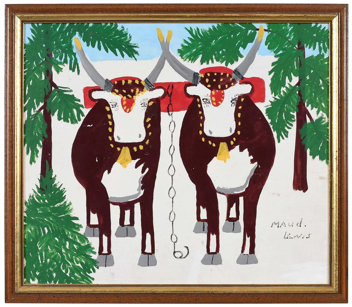 Maud Lewis, Two Oxen in Winter, 1967, mixed media