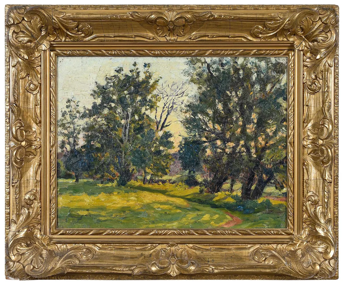 Ernst Bosshart, Landscape with Sunlight Through Trees, "Bosshart," oil on canvas