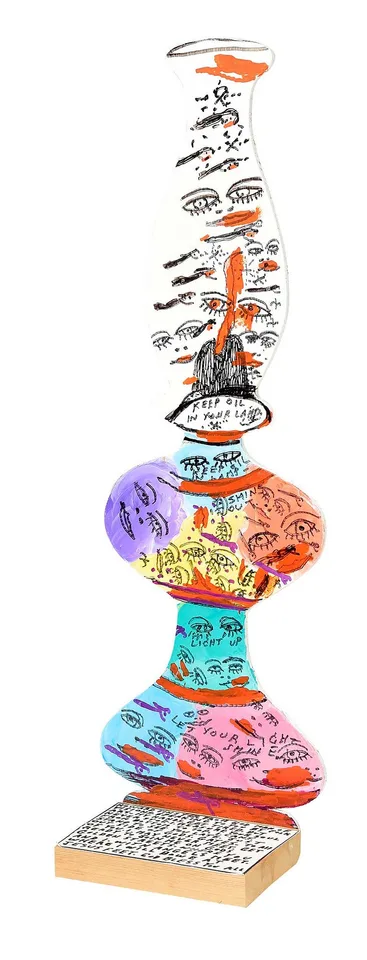 Oil Lamp by Howard Finster, mixed media on carved wood, sold May 2026