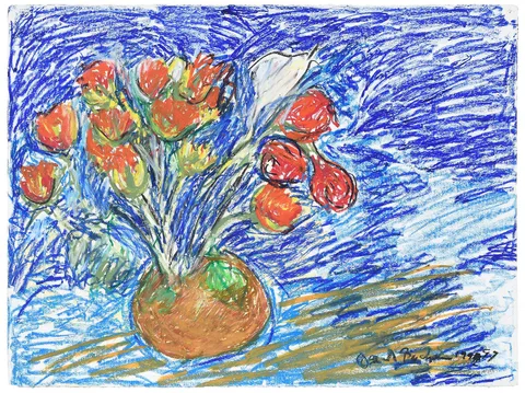Beverly Buchanan, Red Tulips on Blue, oil pastel on paper
