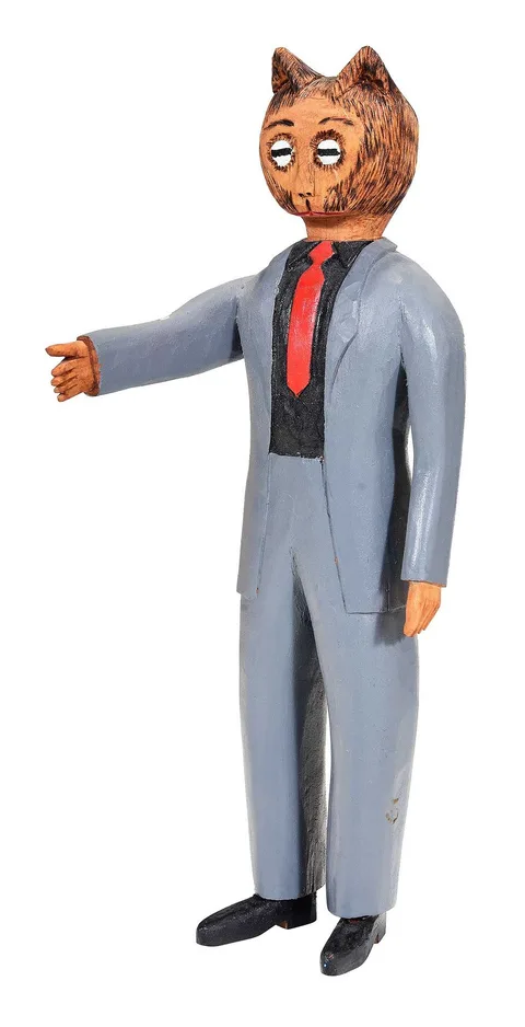 Sulton Rogers, Cat Man in Suit, carved and painted wood