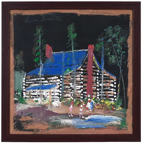 Jimmy Lee Sudduth, Log Cabin with Blue Roof, paint and mud on board
