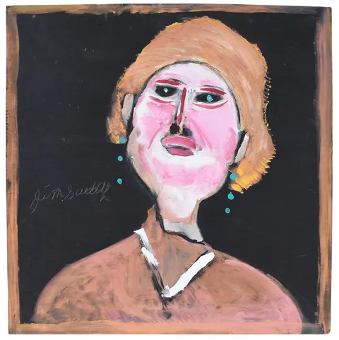 Jimmy Lee Sudduth, Portrait of Lady with Turquoise Earrings, paint and mud on board
