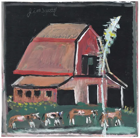 Jimmy Lee Sudduth, Barn and Four Cows, painted mud on board