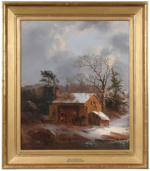 Regis Francois Gignoux, Winter Scene with Blacksmith Shop, oil on canvas