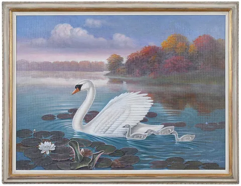 Athos Menaboni, Mute Swan with her cygnets, oil on Masonite