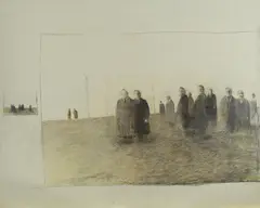 Friedrich Einhoff, Delegation in der Landschaft, 1979, Bleistift/Buntstift auf Papier auf Packpapier montiert
