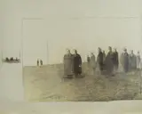 Friedrich Einhoff, Delegation in der Landschaft, 1979, Bleistift/Buntstift auf Papier auf Packpapier montiert