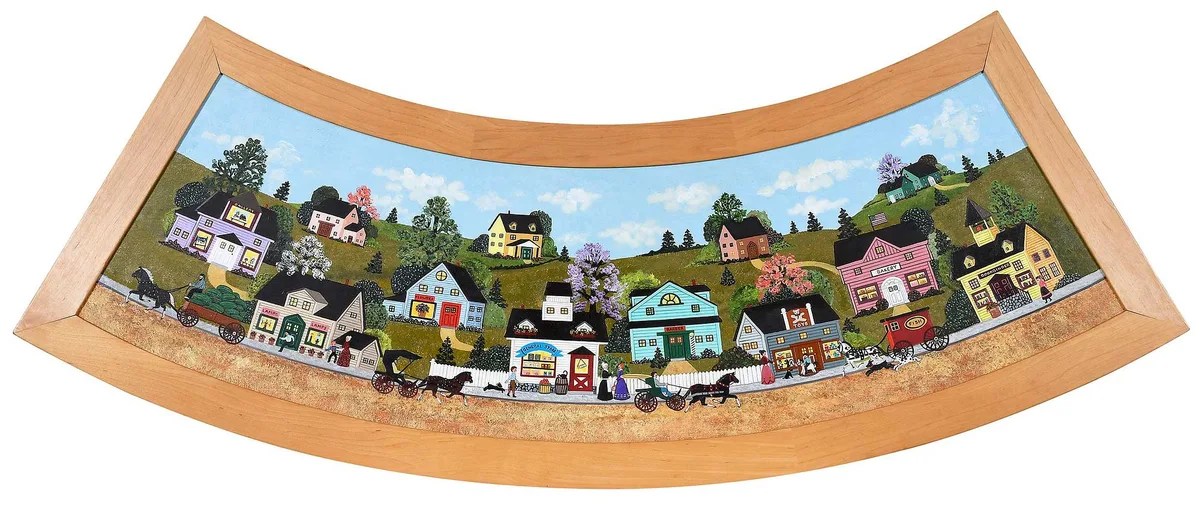Jane Wooster Scott, Village Scene, a lampshade design, oil on semi circular board