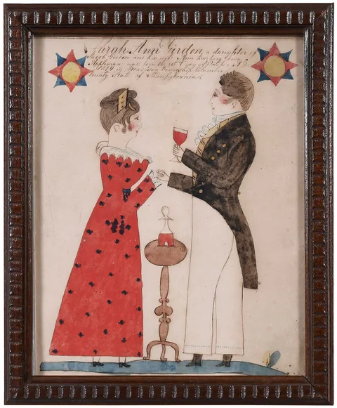 Henry Young Fraktur Birth Certificate, Toasting to daughter Sarah Ann Girdon, born on the 25th day of October, 1814, ink inscriptions upper center