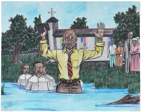Roy Ferdinand, Baptism Scene, multimedia on paper