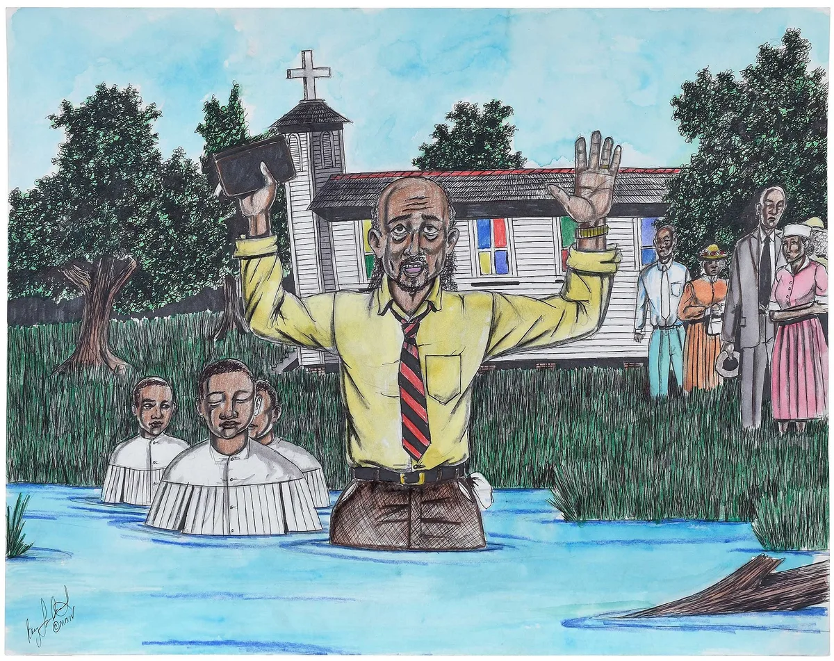 Baptism Scene by Roy Ferdinand, multimedia on paper, sold Feb 2026
