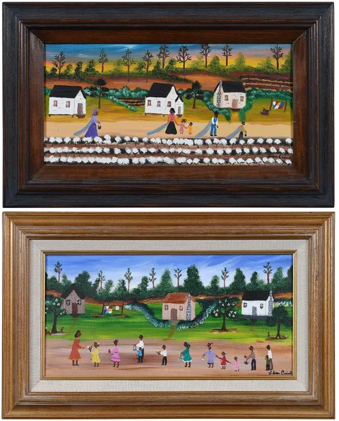Lisa Cain, two paintings: Cotton Picking and Town Scene, each signed to lower right, acrylic on canvas