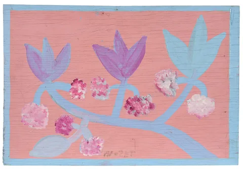 Untitled floral composition by Mose Tolliver, paint on board, sold Feb 2026