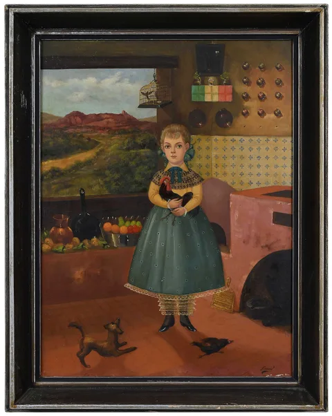 Horacio Rentería Rocha, Untitled, nina con un gallo, oil on canvas