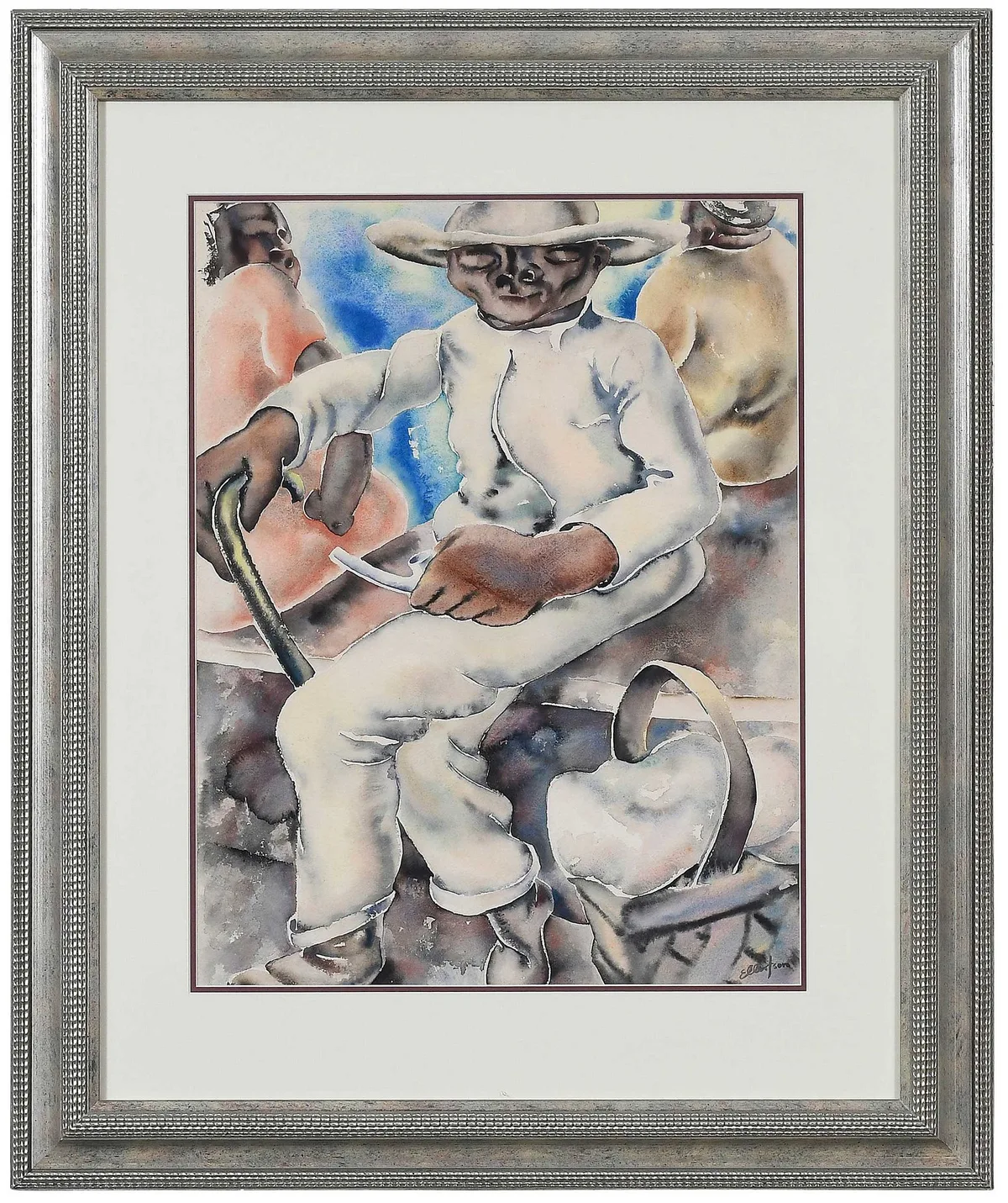 Homer E. Ellertson, Man with Pipe and Cane, watercolor on paper
