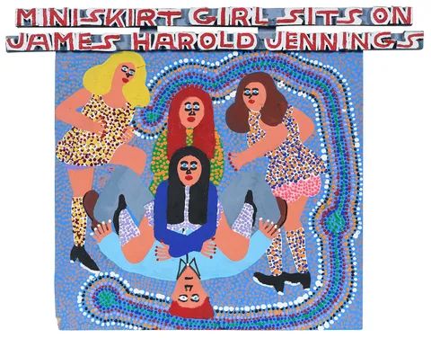 Mini Skirt Girl Sits on James Harold Jennings by James Harold Jennings, carved and painted wood, sold Feb 2026
