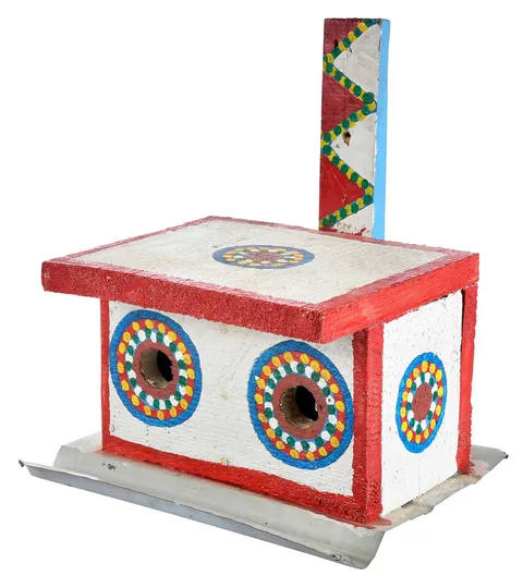 Birdhouse Duplex by James Harold Jennings, carved and painted wood and tin, sold Feb 2026