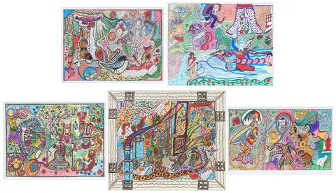 Alpha Andrews, Five Works: Why Are you So Darn Happy?, The Pink Puppy, Center of Universe, All Twisted Up, A Hologram with an Attitude, each signed to lower right corner, multimedia on paper
