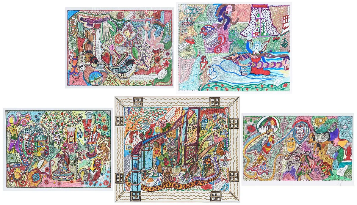 Alpha Andrews, Five Works: Why Are you So Darn Happy?, The Pink Puppy, Center of Universe, All Twisted Up, A Hologram with an Attitude, each signed to lower right corner, multimedia on paper