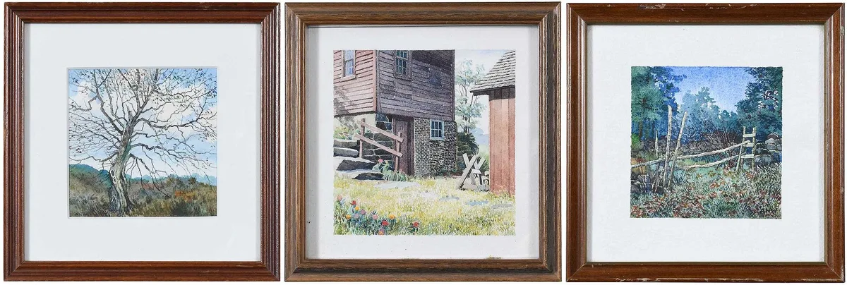 Andrew Nathaniel (An) Wyeth, Bush Family Provenance, 1748, Three watercolor farm scenes on paper board