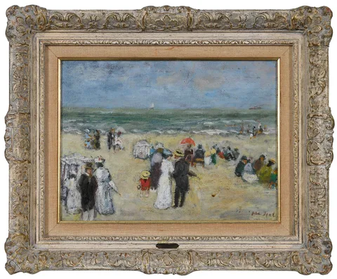 Gabriel Spat, Gatherings of people on the beach at Onival, France, oil on canvas board