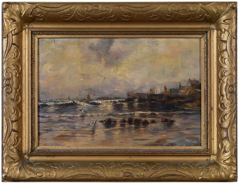 Edward Moran, Coastal Village, oil on canvas