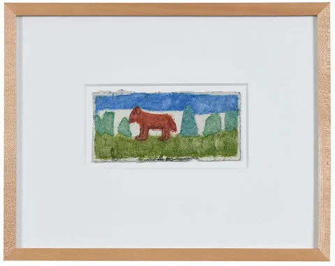 James Castle, Untitled, Orange Dog, pigment on paper with collage on found paper