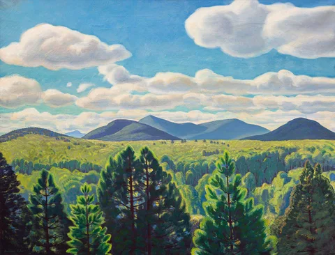 Tree Tops and Mountain Peaks by Rockwell Kent, 1960, Oil on canvas, sold Oct 2020