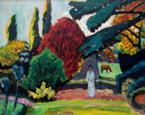 Gabriele Münter, Dame im Park, Mariahalde, 1914, oil on board